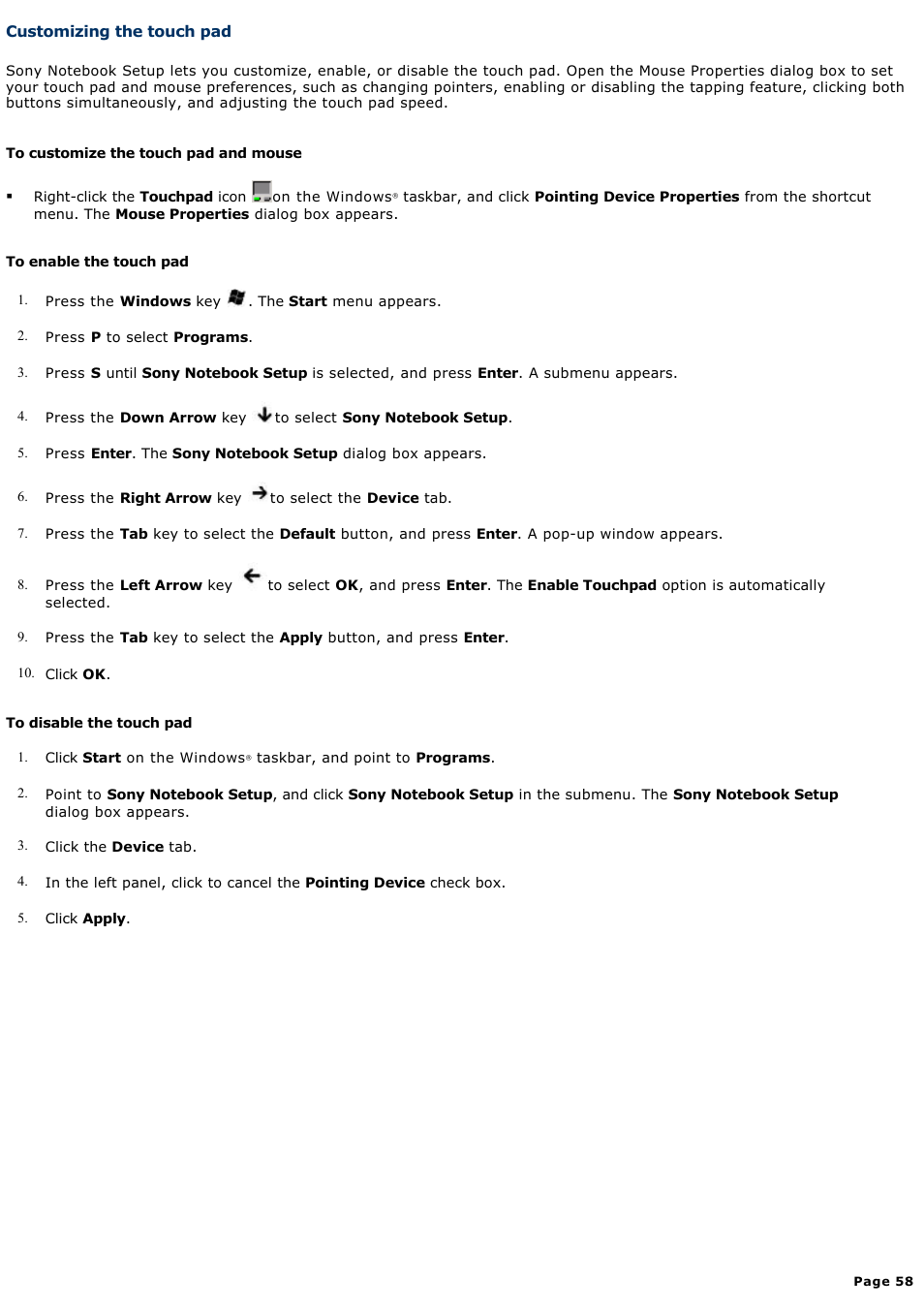 Customizing the touch pad | Sony PCG-GRS700K User Manual | Page 58 / 150