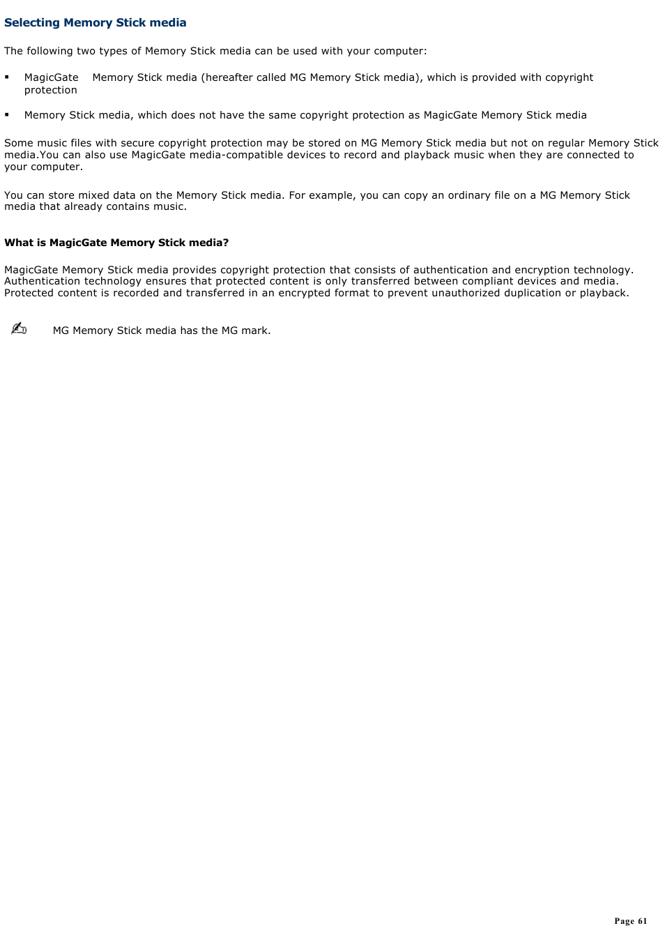 Selecting memory stick media | Sony PCG-GRS700K User Manual | Page 61 / 150