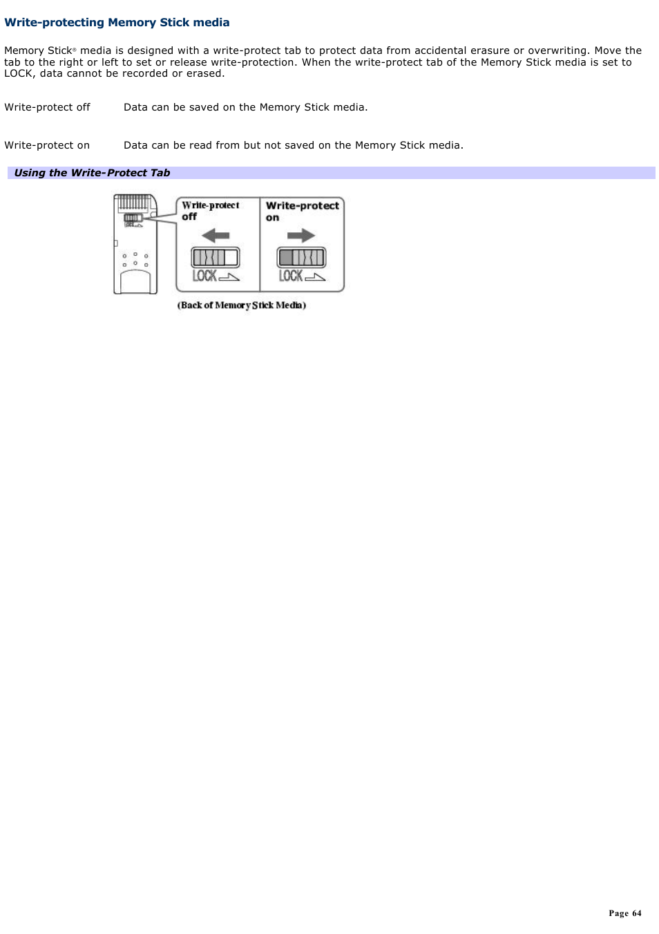 Write-protecting memory stick media | Sony PCG-GRS700K User Manual | Page 64 / 150