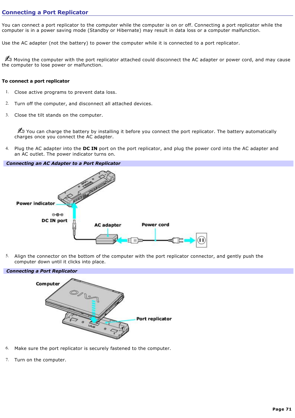 Connecting a port replicator | Sony PCG-GRS700K User Manual | Page 71 / 150