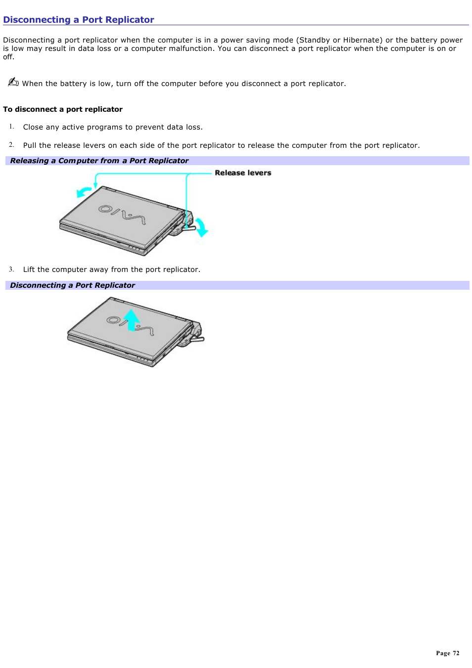 Disconnecting a port replicator | Sony PCG-GRS700K User Manual | Page 72 / 150