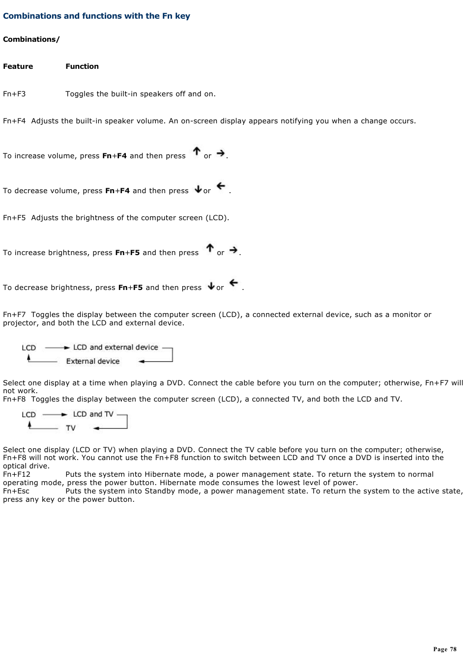 Combinations and functions with the fn key, Combinations and functions with, The fn key | Sony PCG-GRS700K User Manual | Page 78 / 150