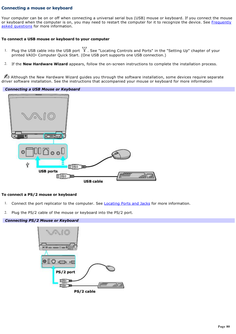 Connecting a mouse or keyboard | Sony PCG-GRS700K User Manual | Page 80 / 150