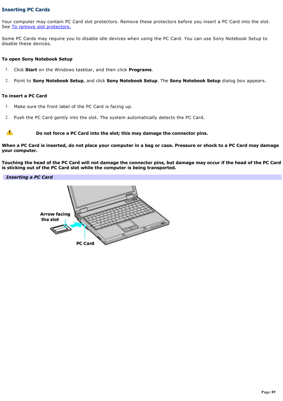 Inserting pc cards | Sony PCG-GRS700K User Manual | Page 89 / 150