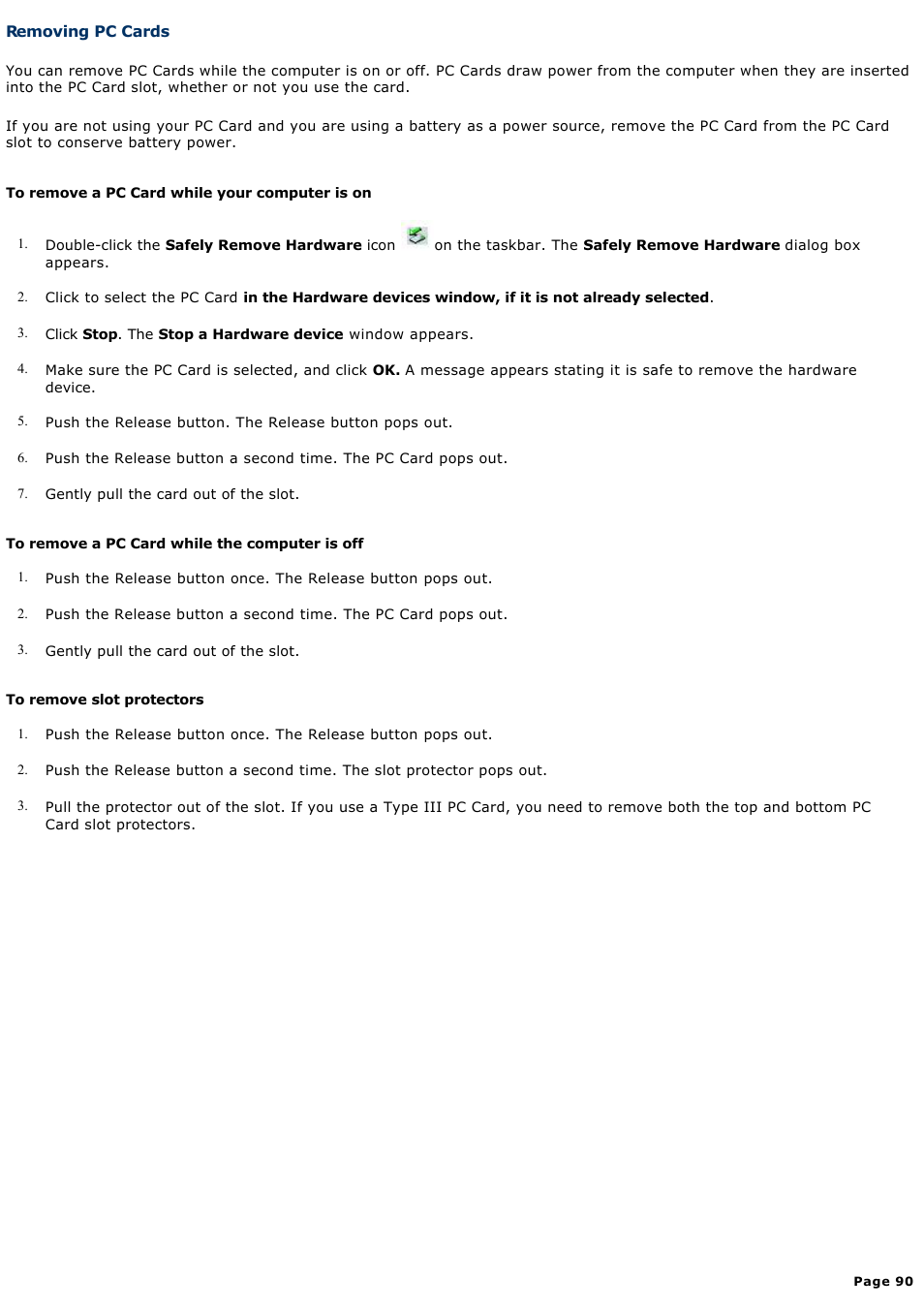 Removing pc cards | Sony PCG-GRS700K User Manual | Page 90 / 150