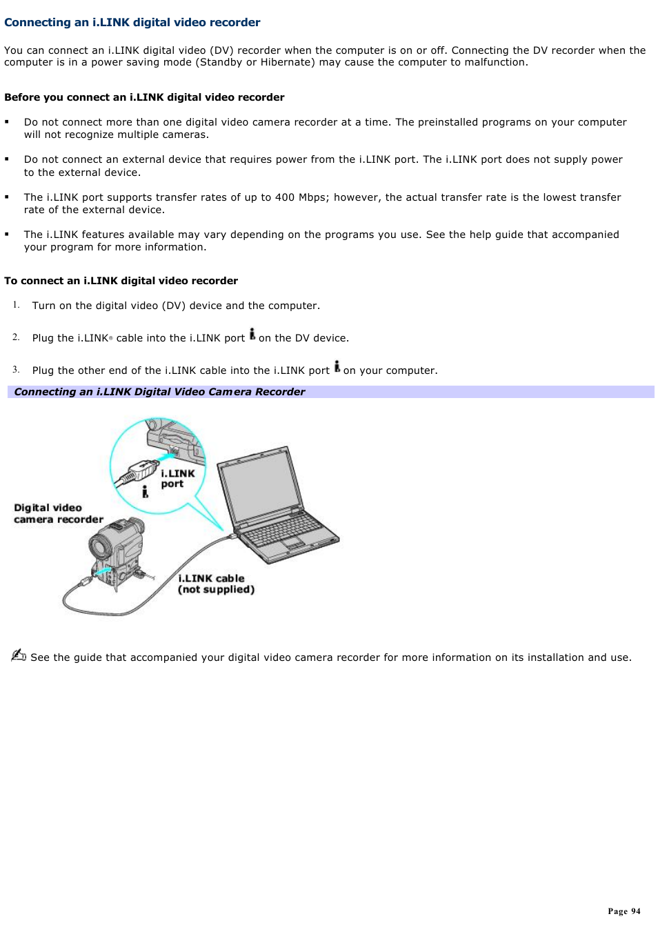 Connecting an i.link digital video recorder | Sony PCG-GRS700K User Manual | Page 94 / 150