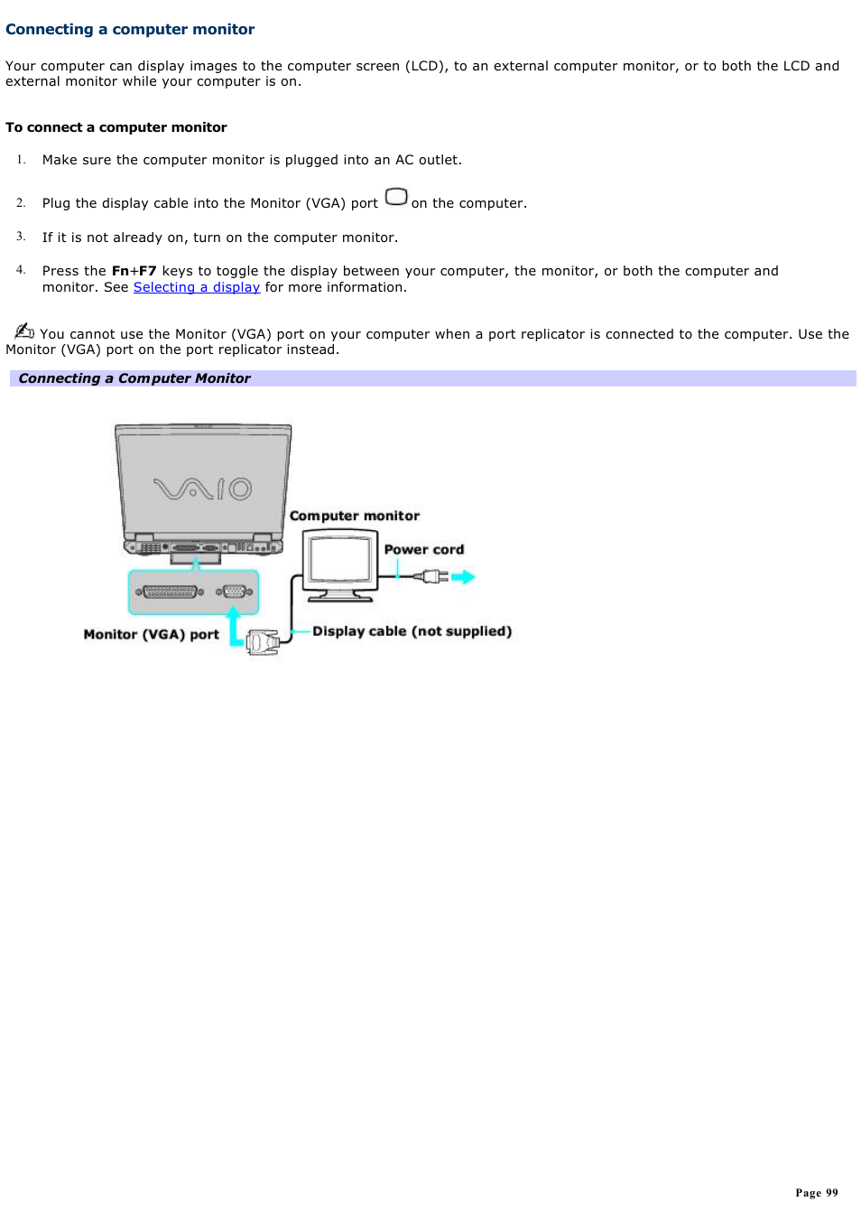 Connecting a computer monitor | Sony PCG-GRS700K User Manual | Page 99 / 150