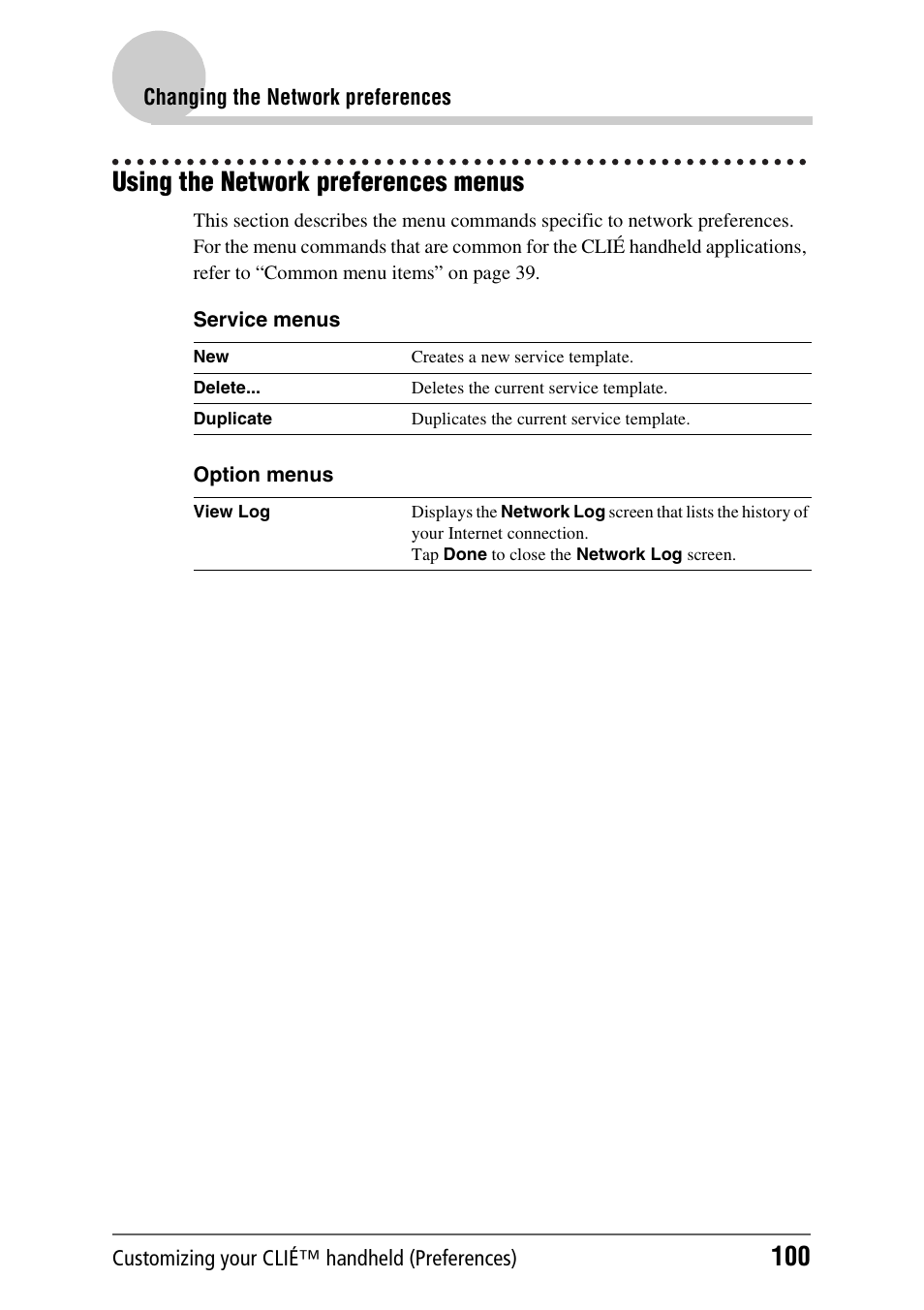 Using the network preferences menus | Sony PEG-NX80V User Manual | Page 100 / 200