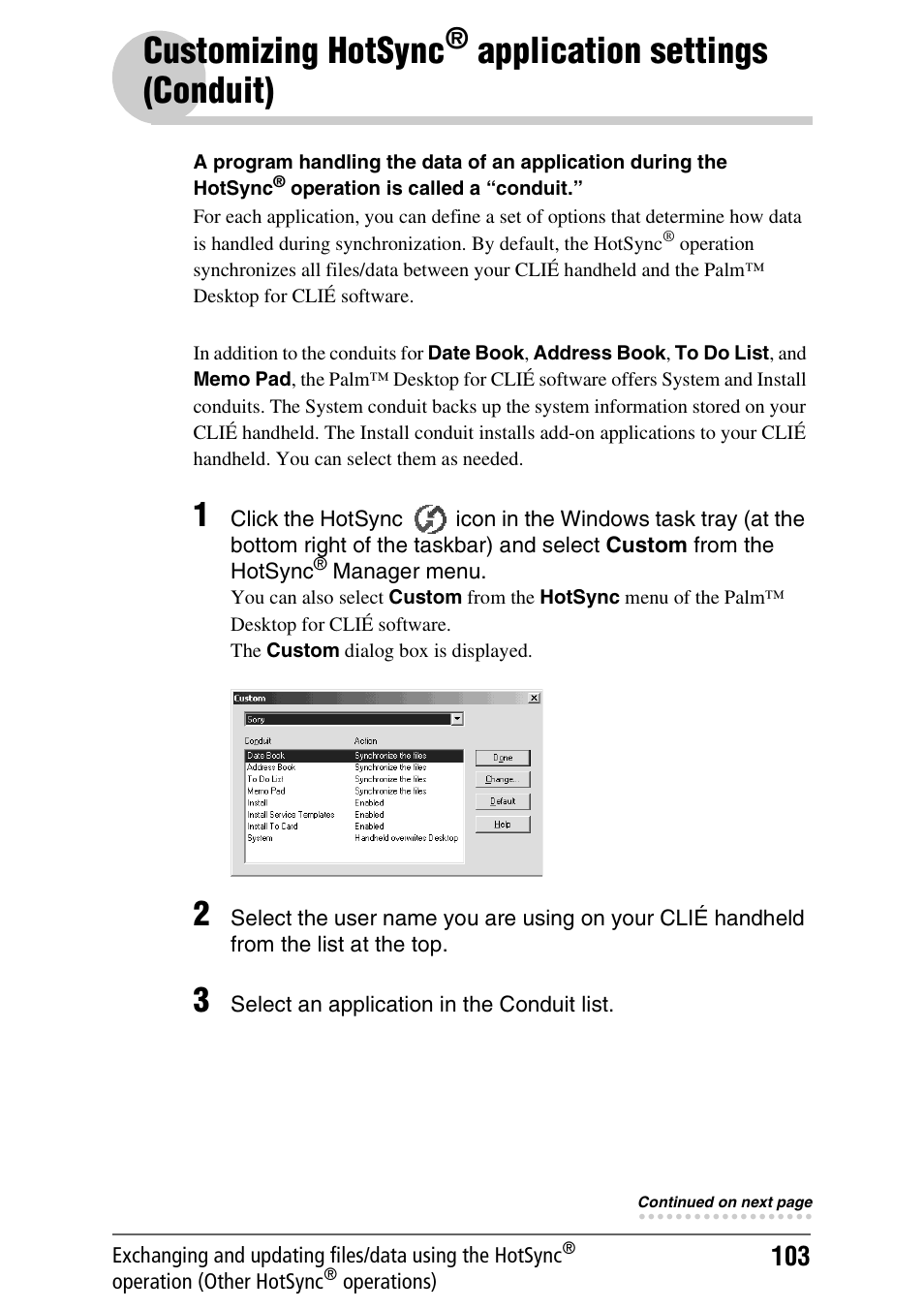 Customizing hotsync, Application, Settings (conduit) | Application settings, Conduit), Application settings (conduit) | Sony PEG-NX80V User Manual | Page 103 / 200