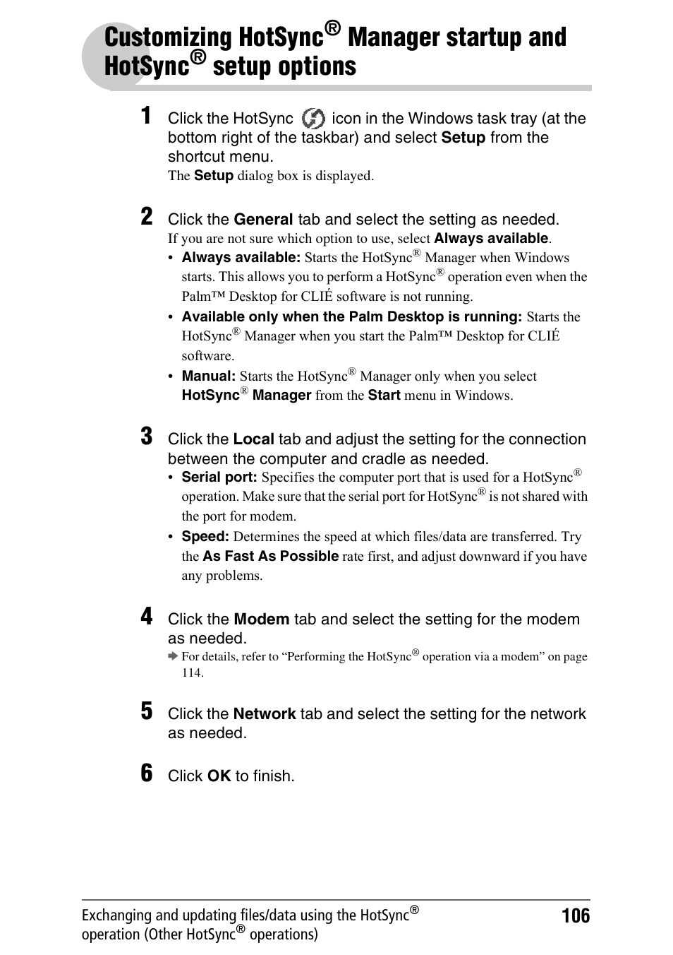 Customizing hotsync, Manager, Startup and hotsync | Setup, Options, Manager startup and, Hotsync, Setup options, Manager startup and hotsync | Sony PEG-NX80V User Manual | Page 106 / 200