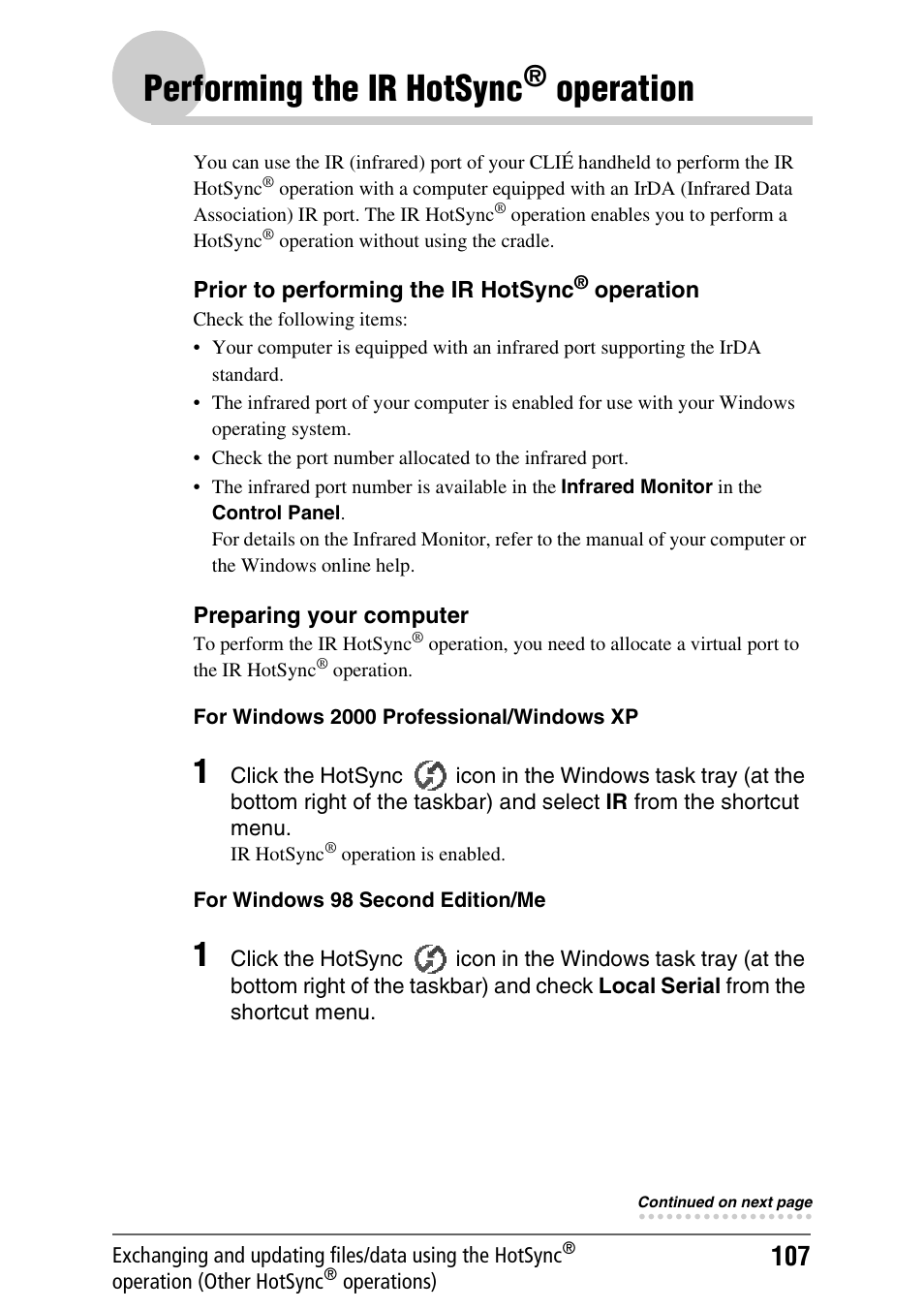 Performing the ir hotsync® operation, Performing the ir hotsync, Operation | Sony PEG-NX80V User Manual | Page 107 / 200