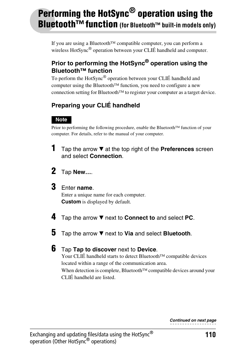 Performing the hotsync, Operation, Operation using the | Operation using the bluetooth™ function | Sony PEG-NX80V User Manual | Page 110 / 200