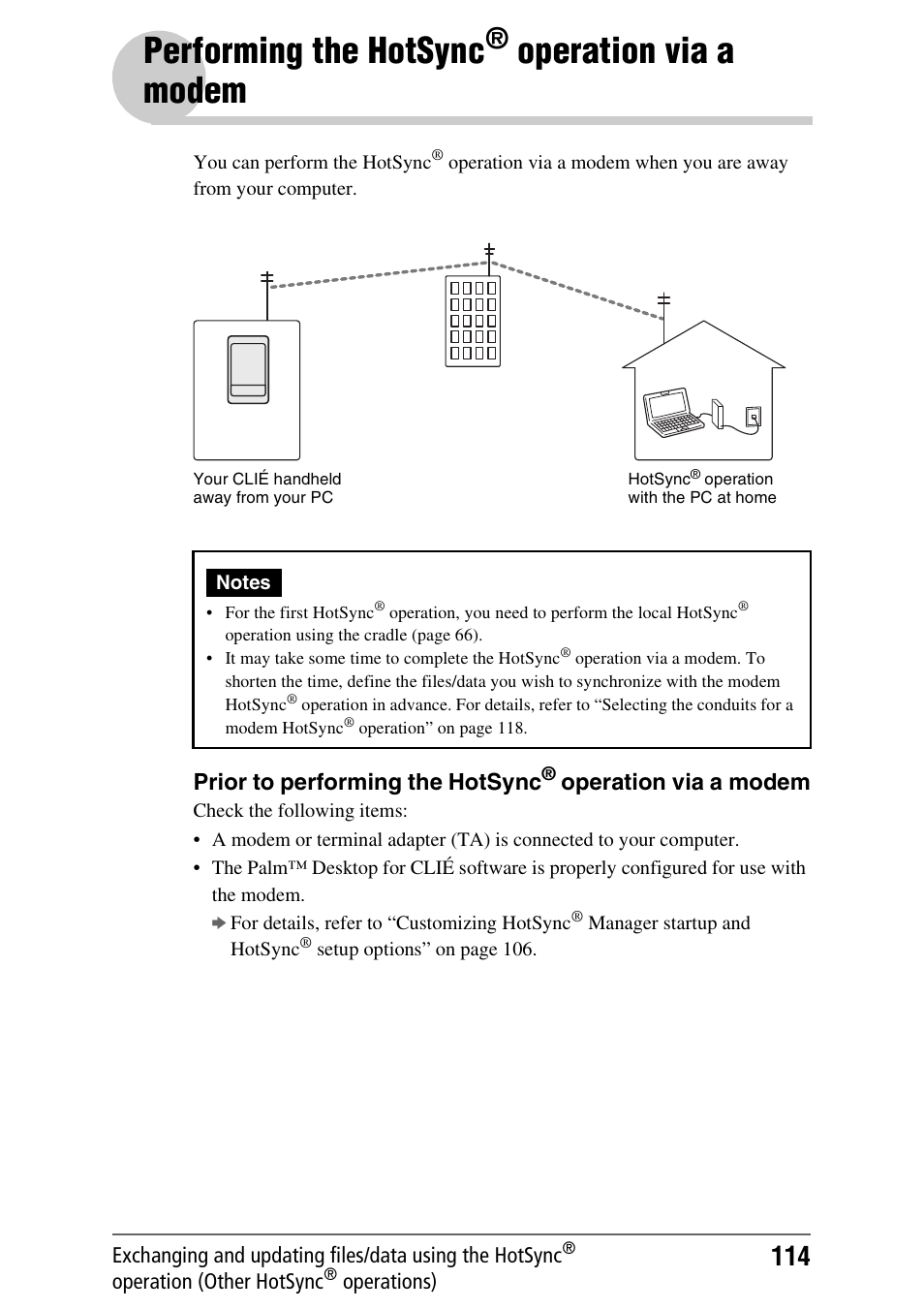 Performing the hotsync® operation via a modem, Performing the hotsync, Operation | Via a modem, Operation via, A modem, Operation via a modem, Prior to performing the hotsync | Sony PEG-NX80V User Manual | Page 114 / 200