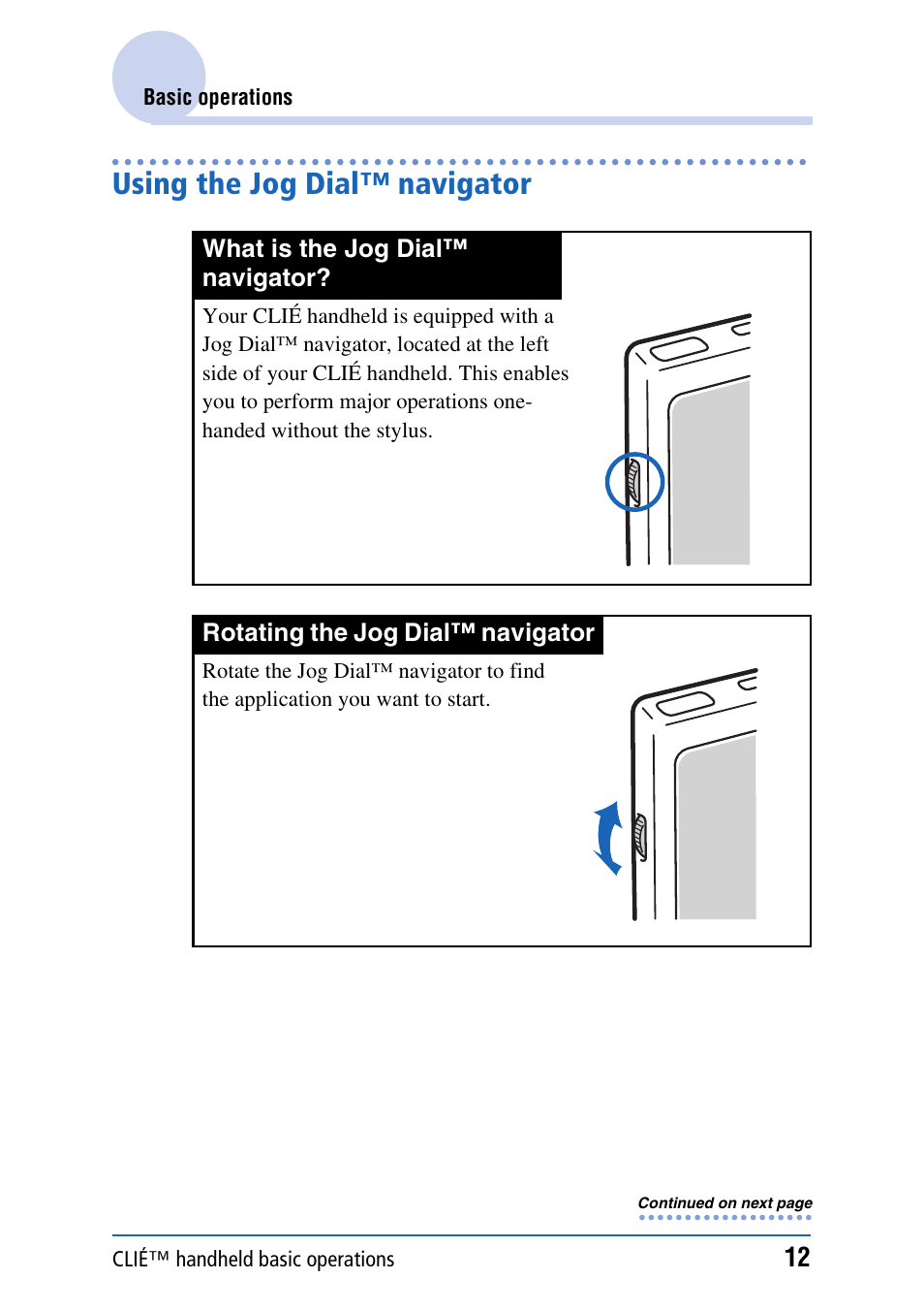 Using the jog dial™ navigator | Sony PEG-NX80V User Manual | Page 12 / 200