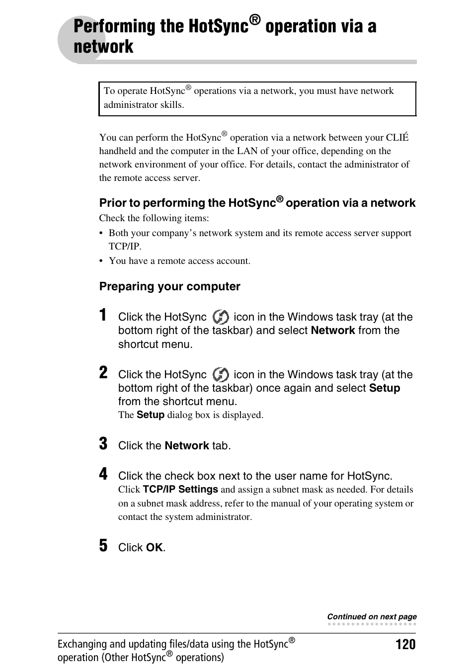 Performing the hotsync® operation via a network, Performing the hotsync, Operation | Via a network, Operation via, A network, Operation via a network | Sony PEG-NX80V User Manual | Page 120 / 200