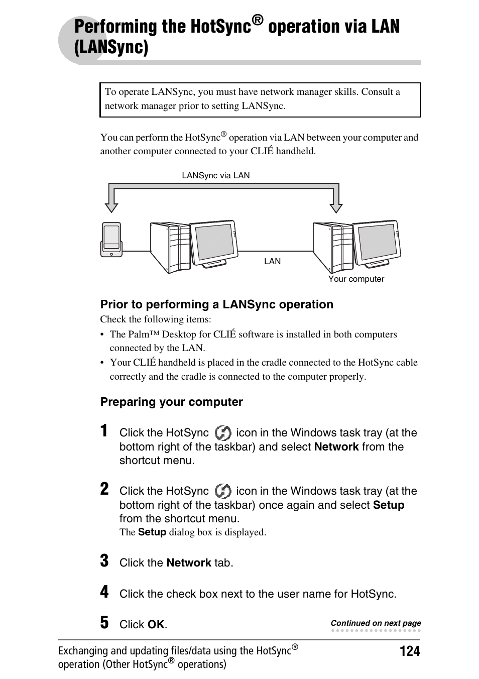 Performing the hotsync, Operation, Via lan (lansync) | Operation via, Lan (lansync), Operation via lan (lansync) | Sony PEG-NX80V User Manual | Page 124 / 200