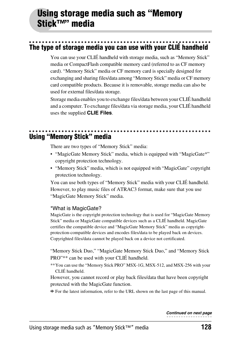 Using storage media such as “memory stick™” media, Using “memory stick” media | Sony PEG-NX80V User Manual | Page 128 / 200