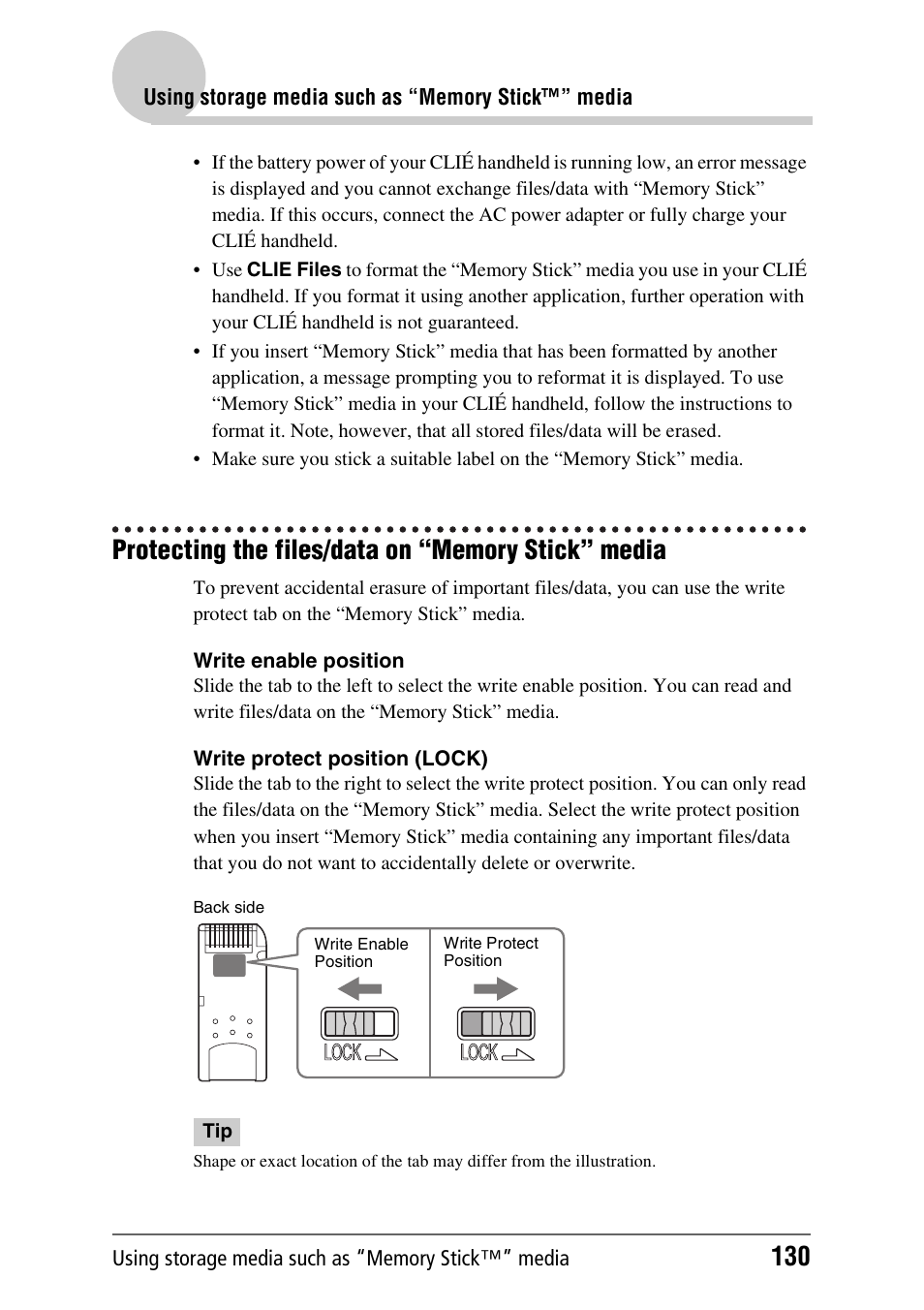 Protecting the files/data on “memory stick” media | Sony PEG-NX80V User Manual | Page 130 / 200