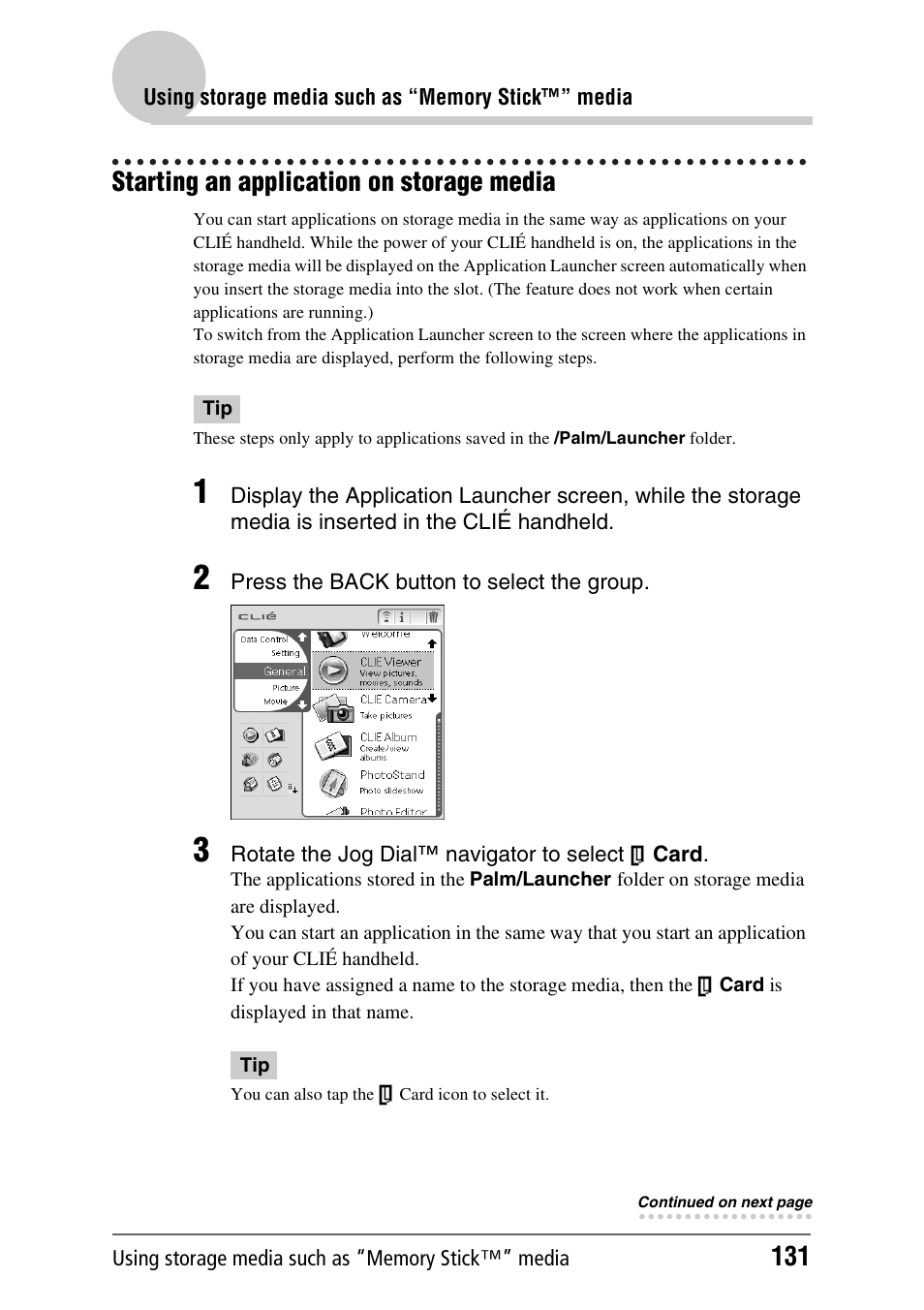 Starting an application on storage media | Sony PEG-NX80V User Manual | Page 131 / 200