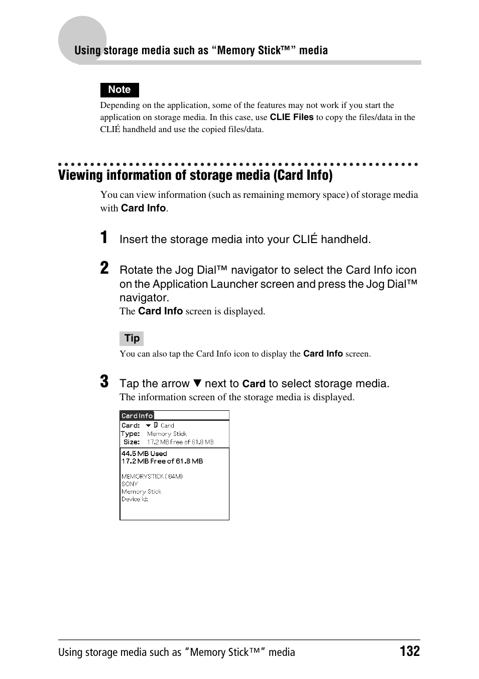 Viewing information of storage media (card info) | Sony PEG-NX80V User Manual | Page 132 / 200