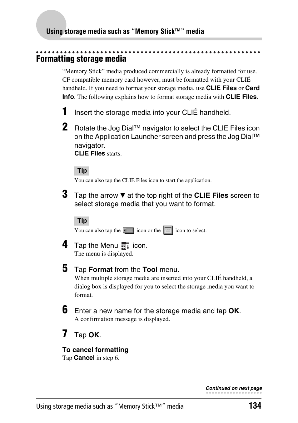 Formatting storage media | Sony PEG-NX80V User Manual | Page 134 / 200