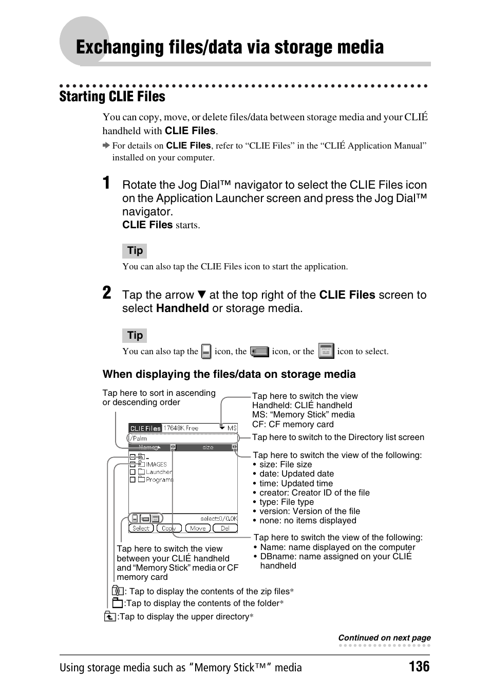 Exchanging files/data via storage media, Starting clie files | Sony PEG-NX80V User Manual | Page 136 / 200