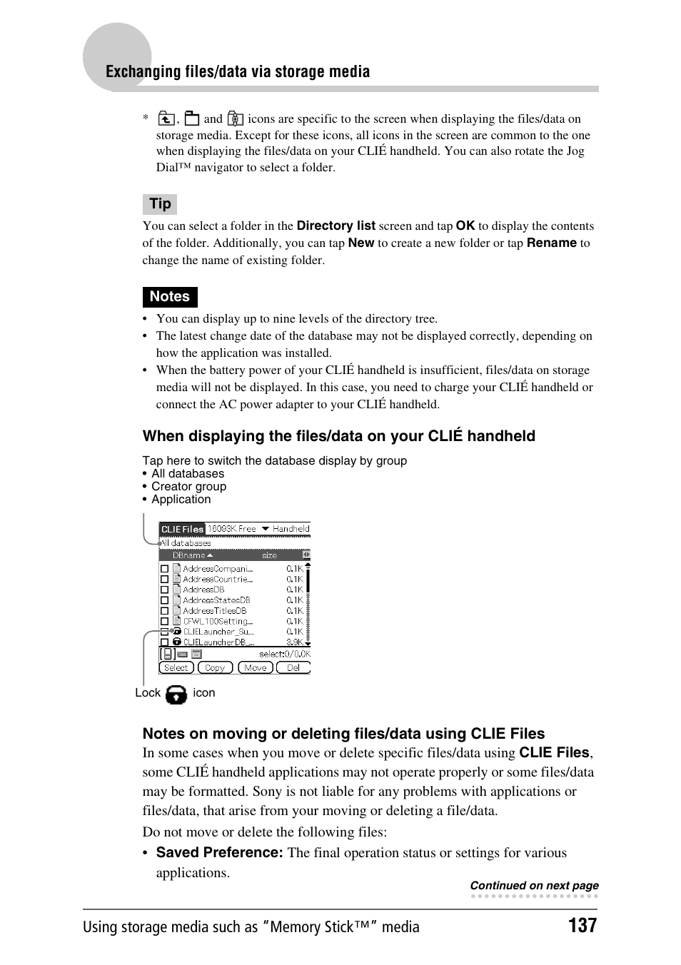 Exchanging files/data via storage media | Sony PEG-NX80V User Manual | Page 137 / 200