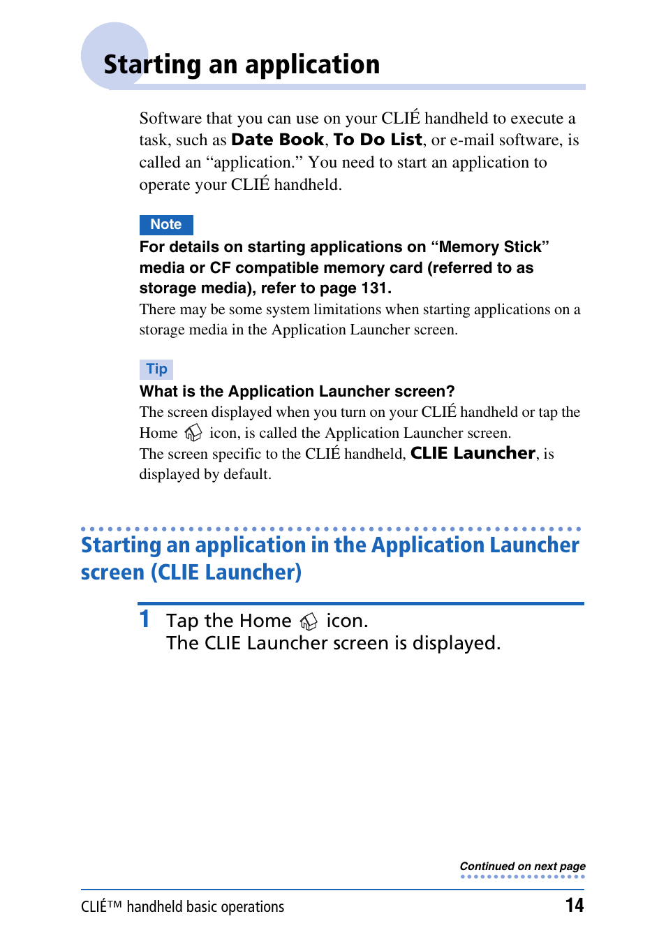 Starting an application | Sony PEG-NX80V User Manual | Page 14 / 200