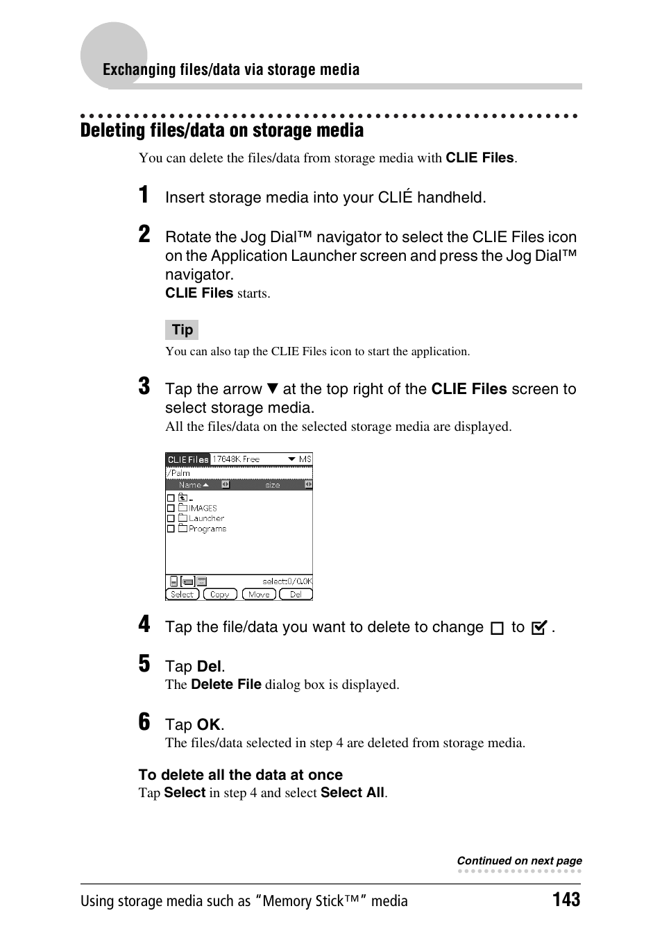 Deleting files/data on storage media | Sony PEG-NX80V User Manual | Page 143 / 200