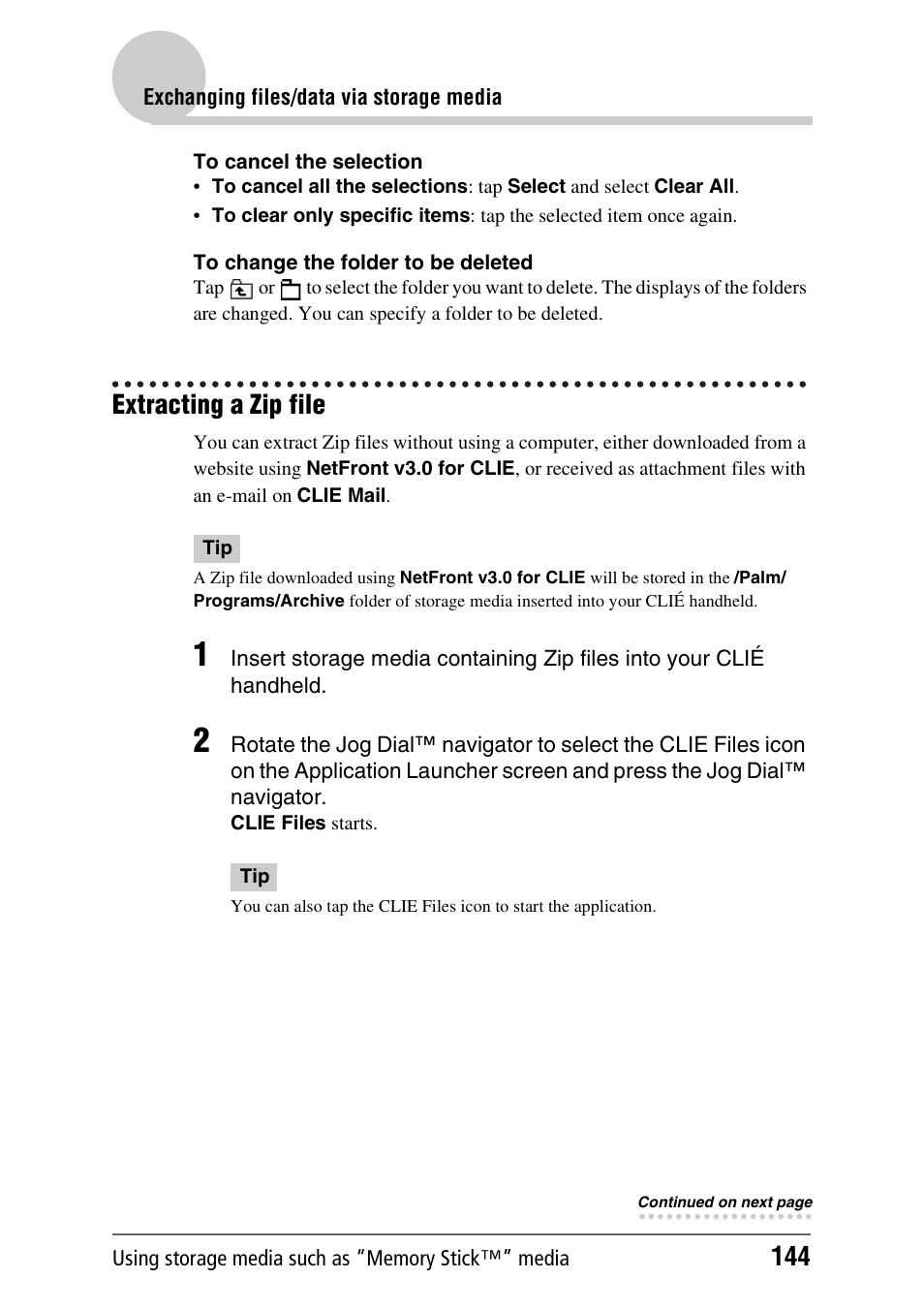 Extracting a zip file | Sony PEG-NX80V User Manual | Page 144 / 200