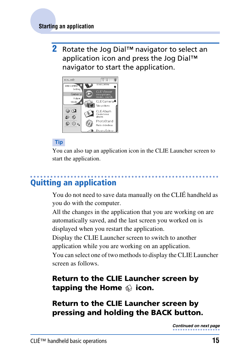 Quitting an application | Sony PEG-NX80V User Manual | Page 15 / 200