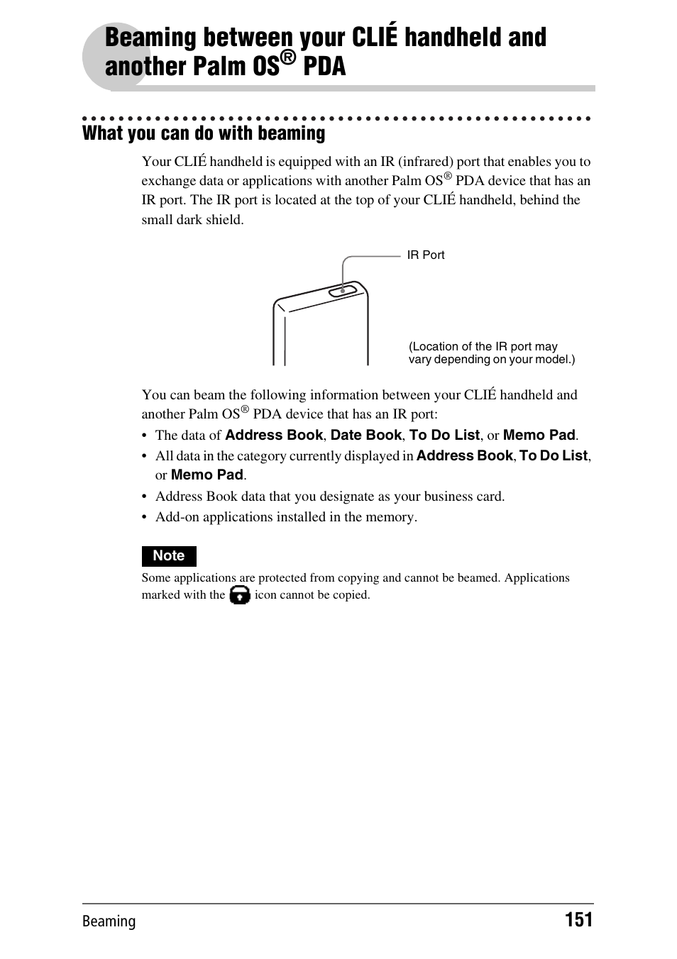What you can do with beaming, E 151, Age 151) | Beaming between your clié handheld and, Another palm os | Sony PEG-NX80V User Manual | Page 151 / 200