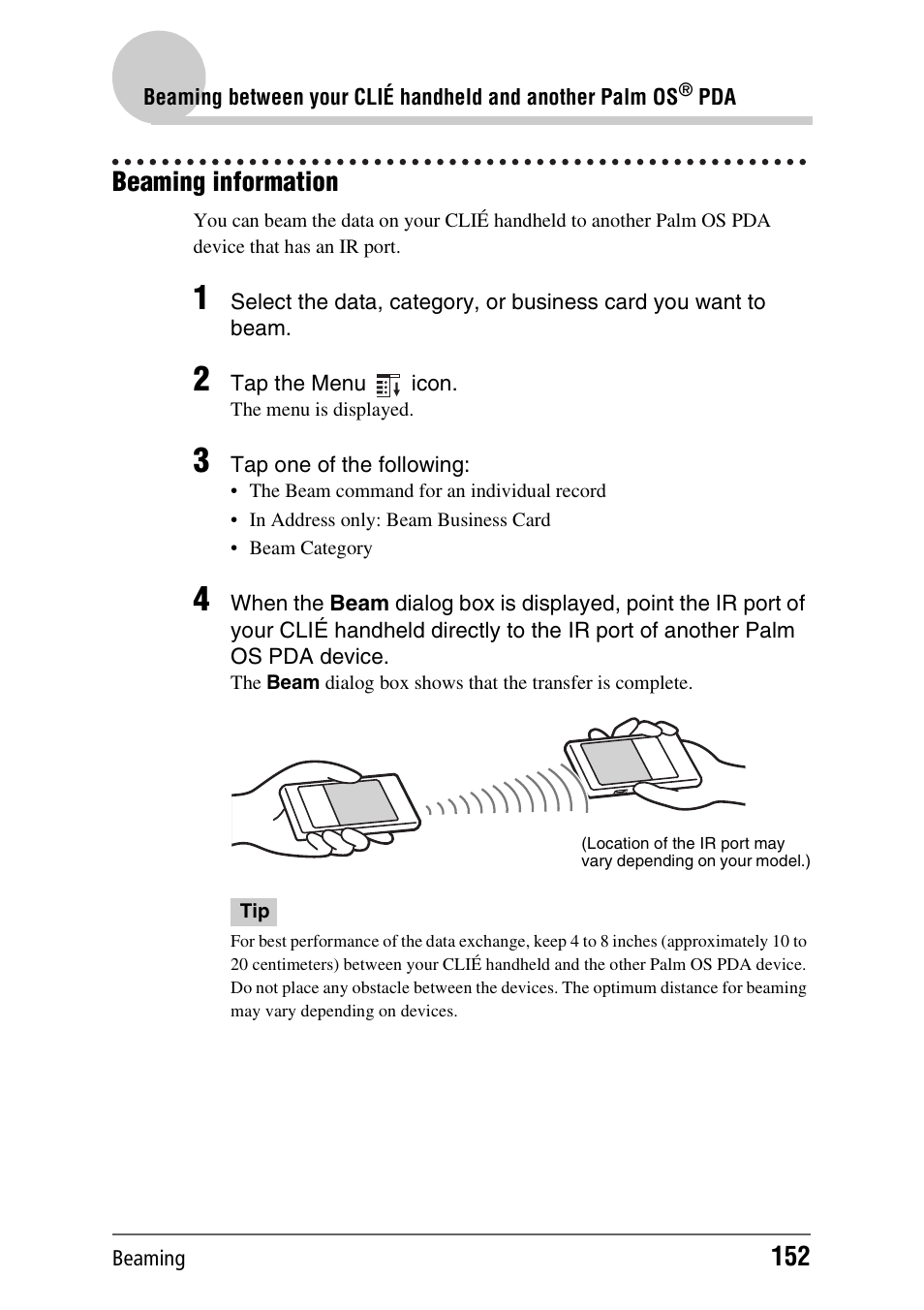 Beaming information | Sony PEG-NX80V User Manual | Page 152 / 200