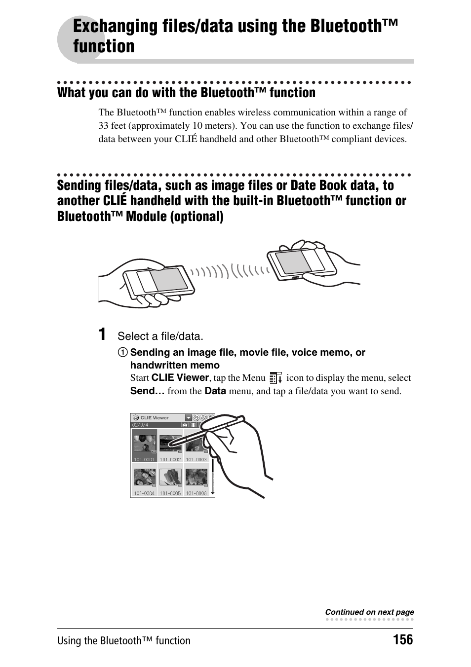 What you can do with the bluetooth™ function, E 156), Exchanging files/data using the bluetooth | Sony PEG-NX80V User Manual | Page 156 / 200