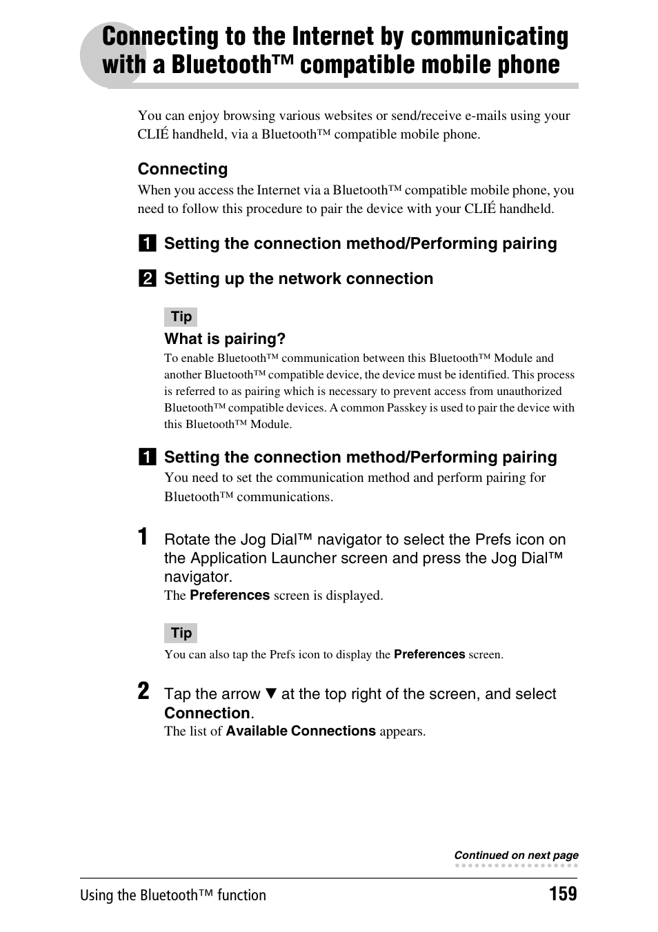 Connecting to the internet by communicating with, A bluetooth™ compatible mobile phone | Sony PEG-NX80V User Manual | Page 159 / 200