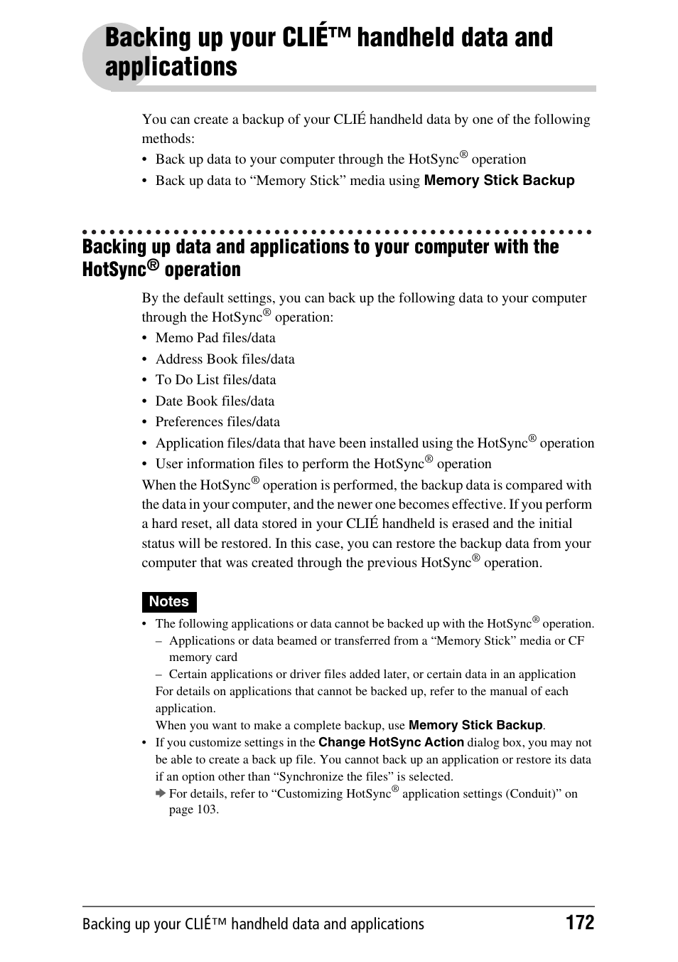 Operation, Backing up your clié™ handheld data and | Sony PEG-NX80V User Manual | Page 172 / 200