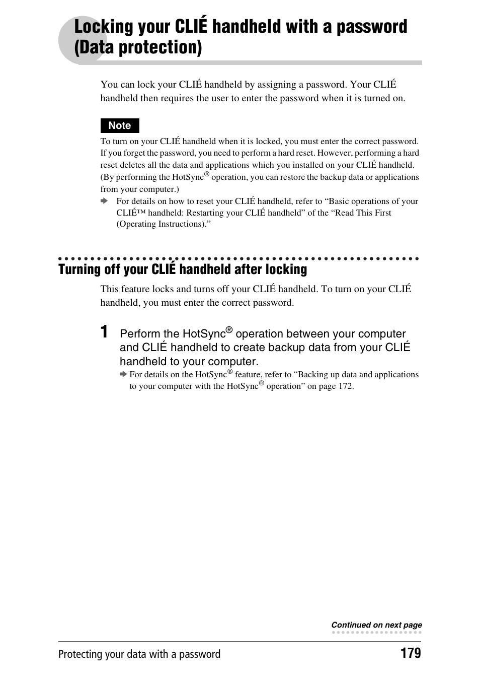 Turning off your clié handheld after locking, Locking your clié handheld with a password | Sony PEG-NX80V User Manual | Page 179 / 200