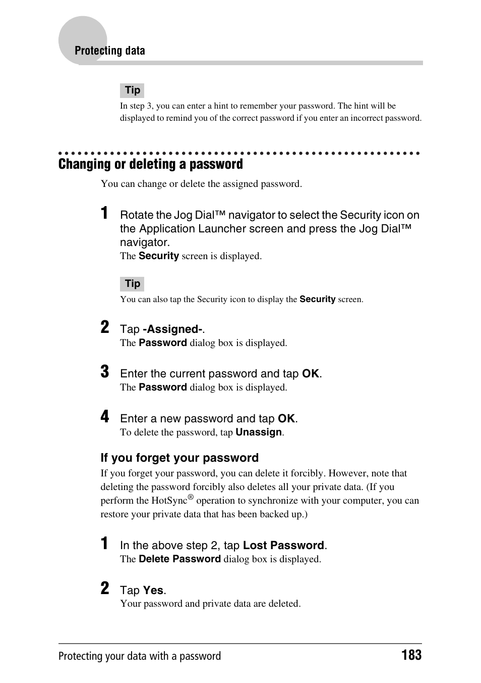 Changing or deleting a password | Sony PEG-NX80V User Manual | Page 183 / 200