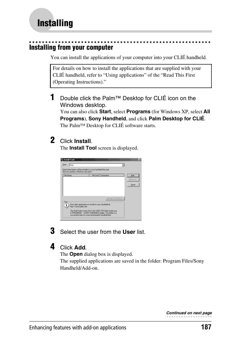 Installing, Installing from your computer | Sony PEG-NX80V User Manual | Page 187 / 200