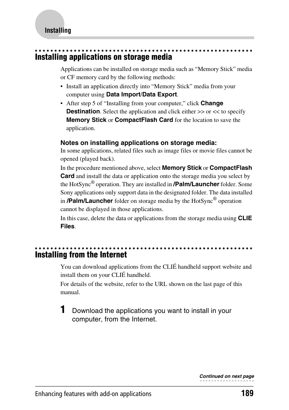 Installing applications on storage media, Installing from the internet | Sony PEG-NX80V User Manual | Page 189 / 200