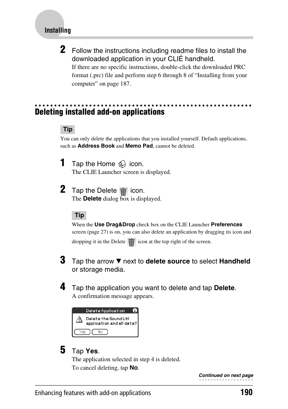 Deleting installed add-on applications, Age 190) | Sony PEG-NX80V User Manual | Page 190 / 200