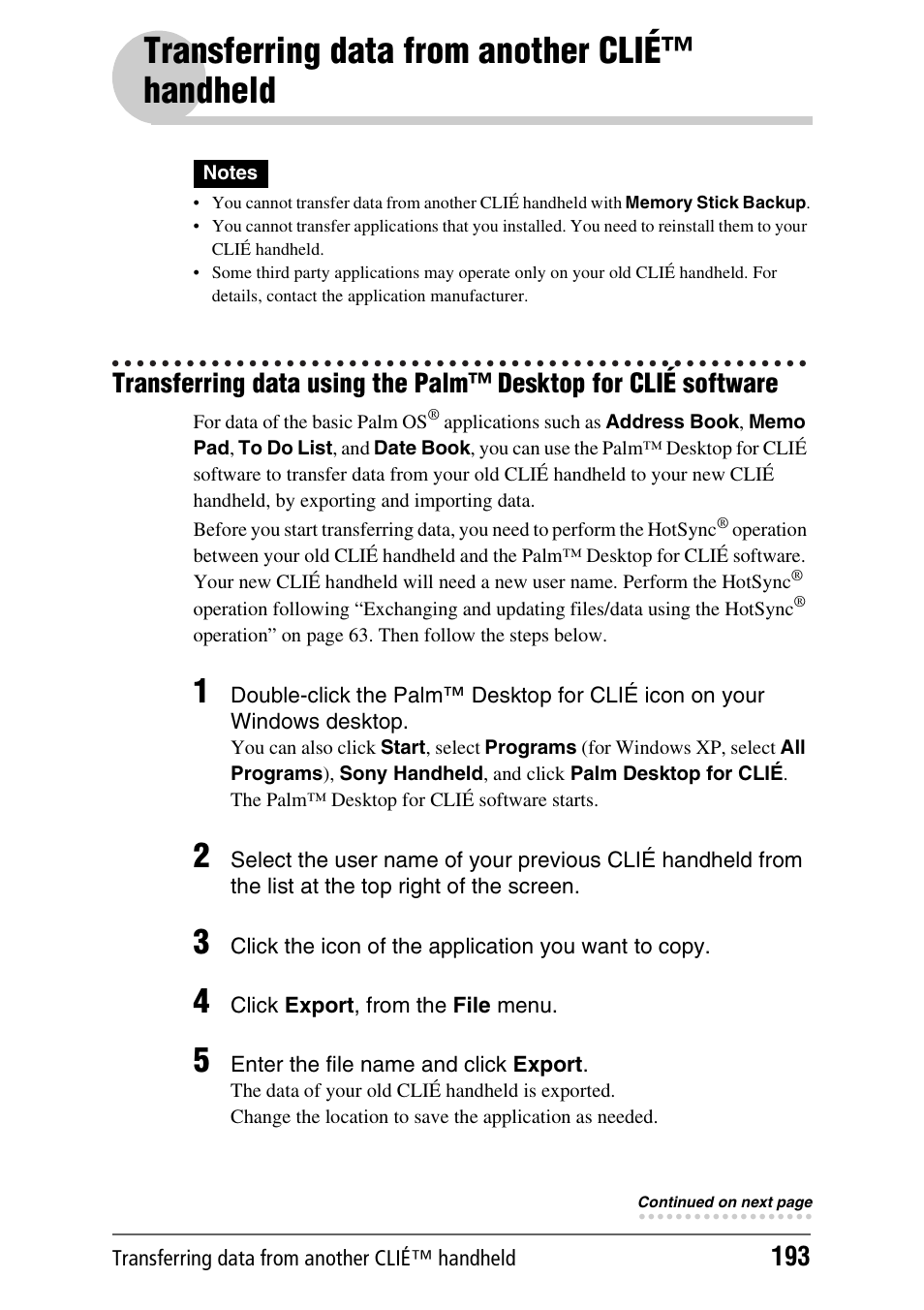 Transferring data from another clié™ handheld | Sony PEG-NX80V User Manual | Page 193 / 200