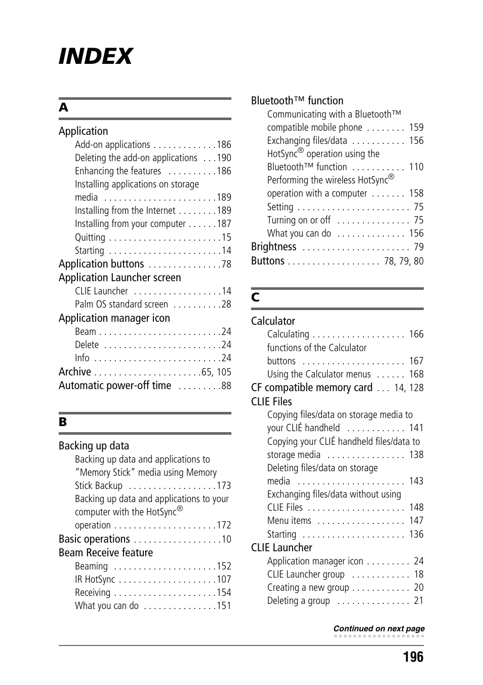 Index | Sony PEG-NX80V User Manual | Page 196 / 200