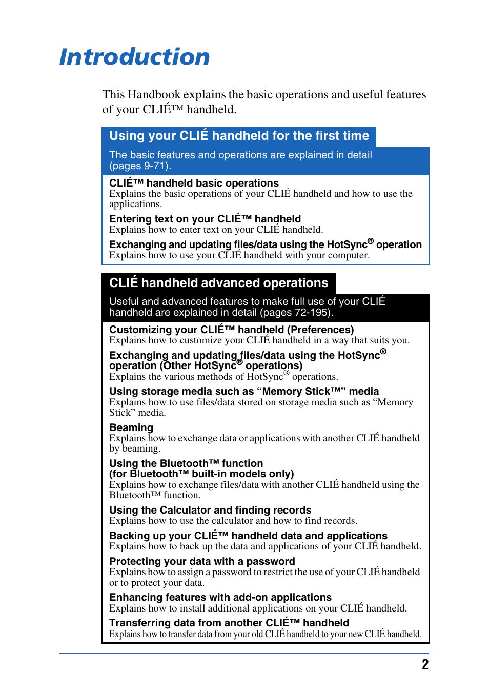 Introduction | Sony PEG-NX80V User Manual | Page 2 / 200