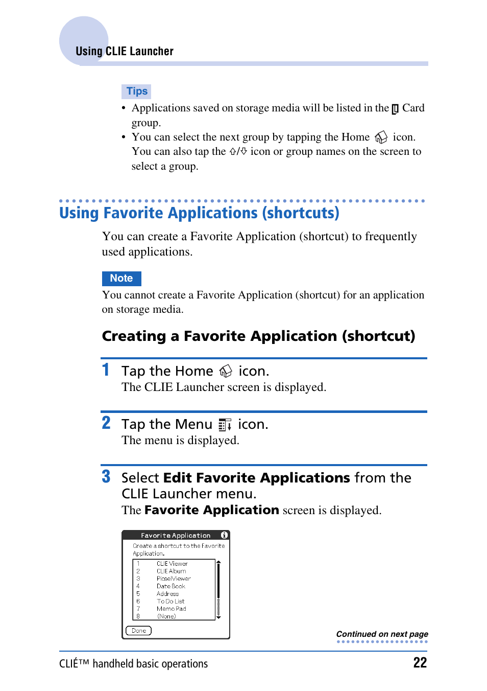 Using favorite applications (shortcuts), Creating a favorite application (shortcut) | Sony PEG-NX80V User Manual | Page 22 / 200