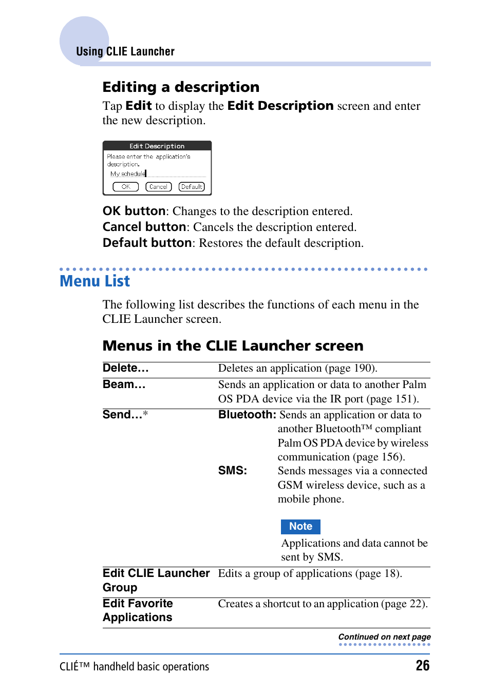 Menu list, Editing a description, Menus in the clie launcher screen | Sony PEG-NX80V User Manual | Page 26 / 200