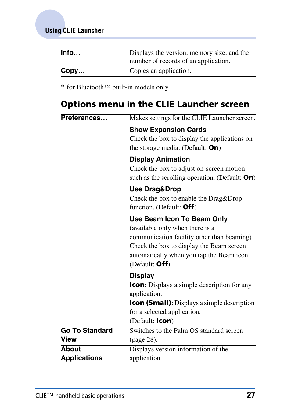 Options menu in the clie launcher screen | Sony PEG-NX80V User Manual | Page 27 / 200