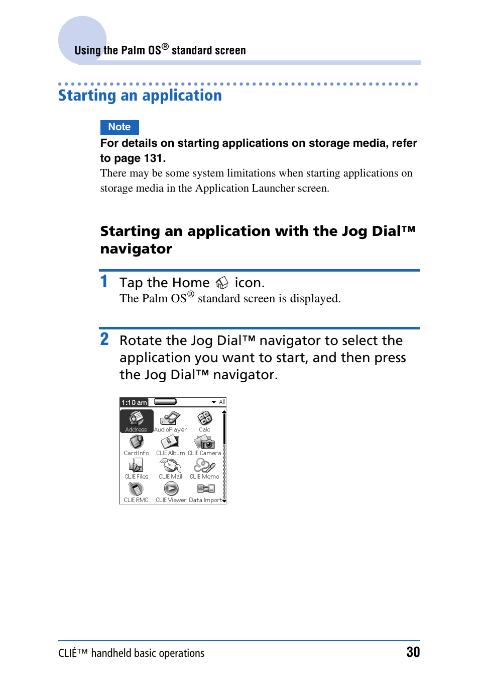 Starting an application | Sony PEG-NX80V User Manual | Page 30 / 200