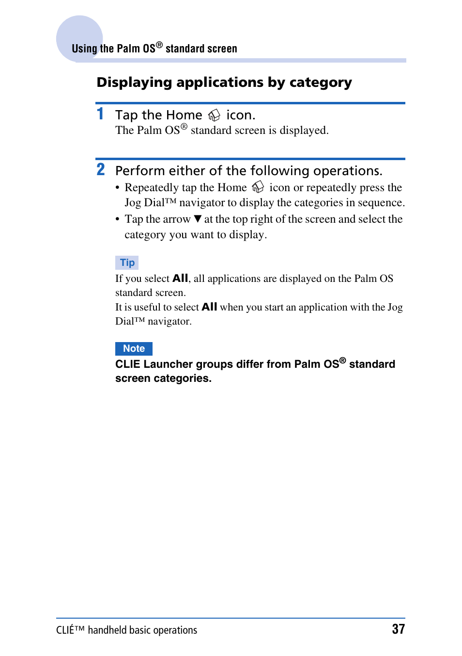 Displaying applications by category | Sony PEG-NX80V User Manual | Page 37 / 200