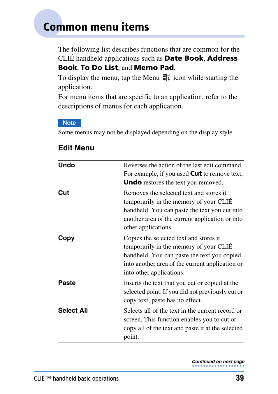 Common menu items | Sony PEG-NX80V User Manual | Page 39 / 200